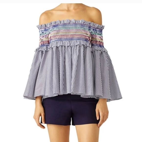 Petersyn Blue Colorful striped  Davenport Sz . M Crop‎ top w Bell Sleeve - Picture 2 of 12